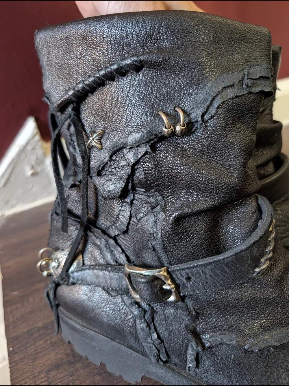 14TH ADDICTION Elvis Punk Black Blistered Leather Biker Combat Boots Sz10